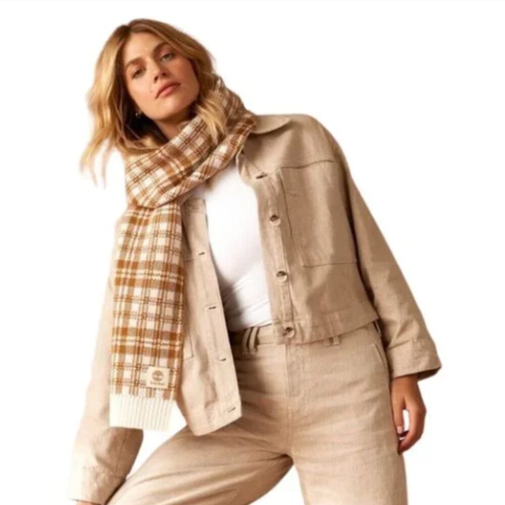 Timberland Vegan Cream Gold/Brown Buffalo Plaid Scarf NWT!